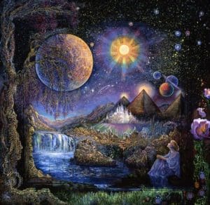 Josephine Wall art of surreal landscape with pyramids and waterfall.