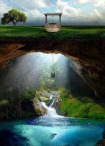 Bucket in ordinary well reaches down to magical world beneath the earth, symbolizing shamanic journey between worlds.