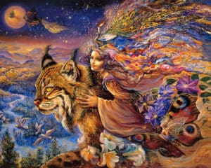 Girl riding a flying tiger- Josephine Wall art.