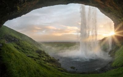 Iceland waterfall at sunset