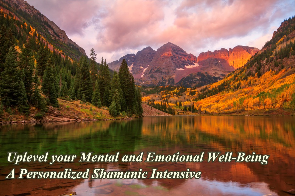 lack reflecting mountains in fall color palette.  "Uplevel your Mental and Emotional Well-Being" text over image.