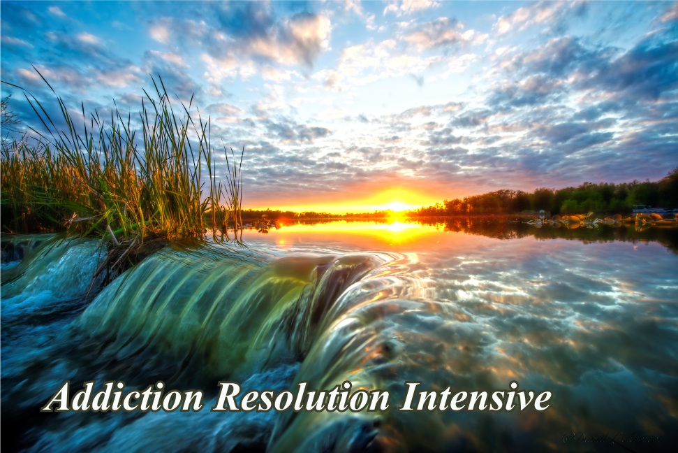 Stream and sunset with text "Addiction Resolution Intensive"
