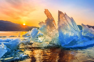Very large and beautiful Ice at Sunrise in winter.