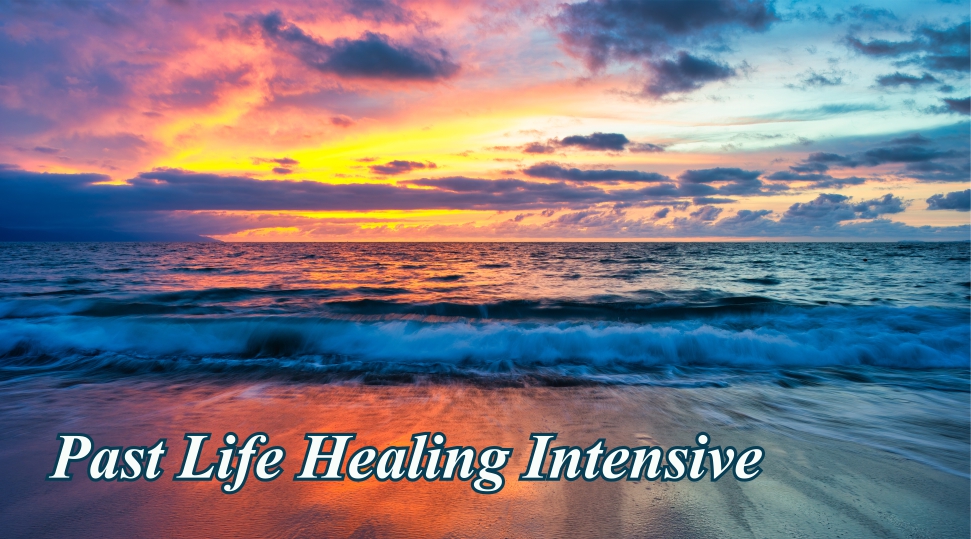 Sunset scene over ocean with text "Past Life Healing Intensive"
