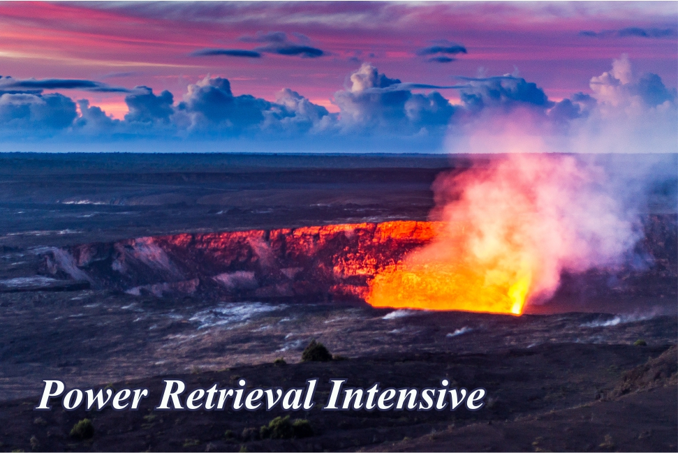 Volcano at sunset with text "Power Retrieval Intensive"