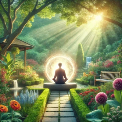 person sitting in garden inside glowing sphere illustrating psychic protection