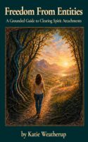 Book cover of “Freedom From Entities” by Katie Weatherup with woman walking along a path out of a forest and towards a beautiful, open, sunlit landscape with a lake, mountains, and wildflowers.